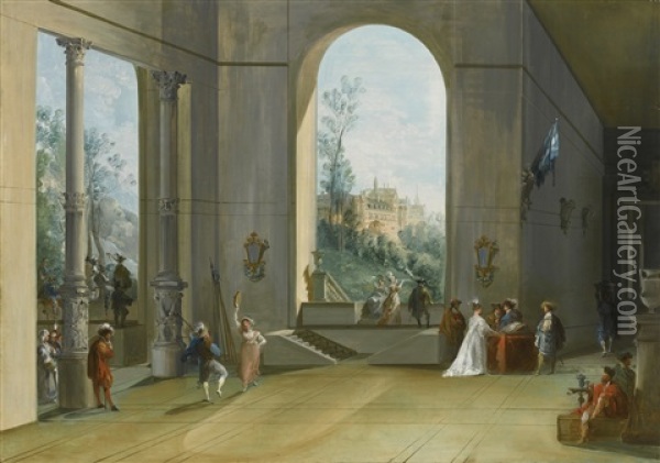 Palace Interior With Figures Oil Painting - Giuseppe Bernardino Bison