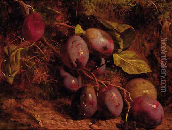 Plums on a mossy bank Oil Painting - William Hughes