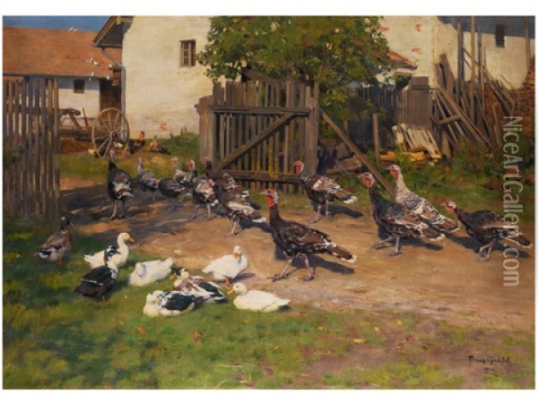 Der Stolze Einzug Der Truthahne In Den Huhnerhof Oil Painting - Franz Graessel