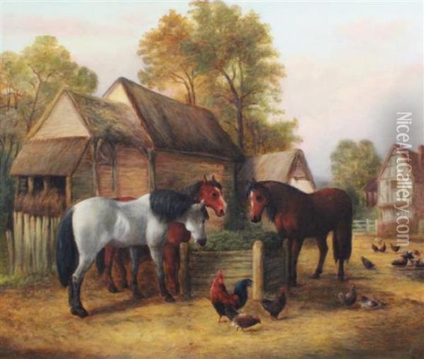 Chicken And Horses In A Farmyard Oil Painting - John Frederick Herring Snr