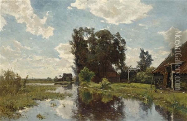 A Polder Landscape With A Farmhouse On The Waterside Oil Painting - Paul Joseph Constantin Gabriel