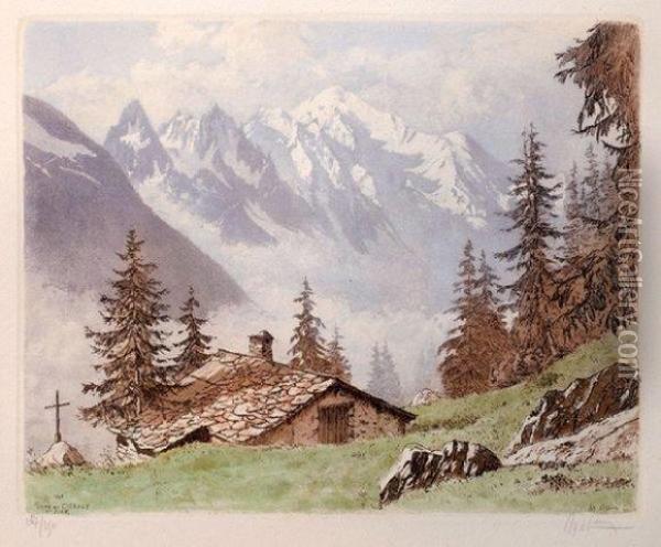 Ferme De Chenavy, Mont Blanc 
Gravure En Couleurs. Oil Painting - Joannes, Joanny Drevet
