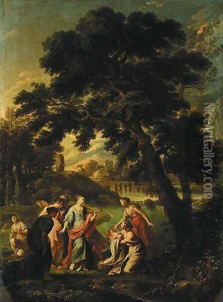 A wooded river landscape with the Finding of Moses, a city and mountains beyond Oil Painting - Roman School