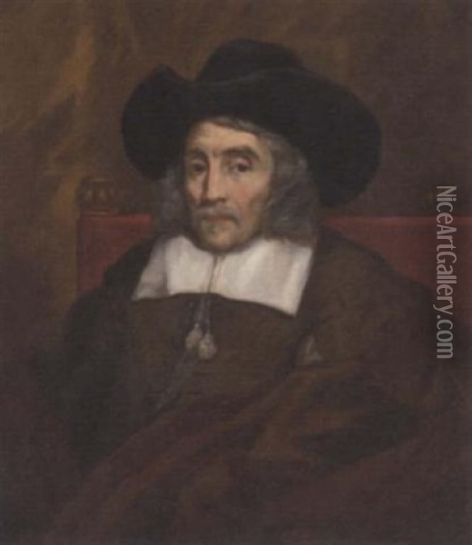 Portrait Of Lord Sherborne In A Brown Doublet With White Collar And Black Hat Oil Painting - William Dobson