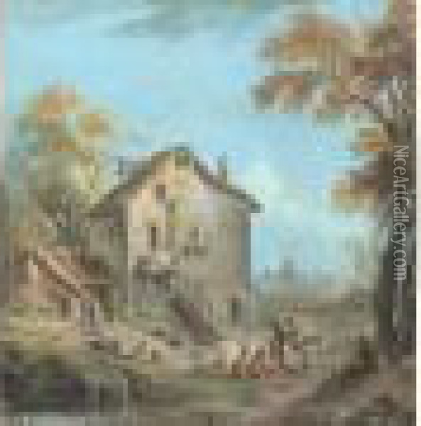 Ferme Et Paysan Au Bord De La Riviere Oil Painting - Jean-Baptiste Lallemand