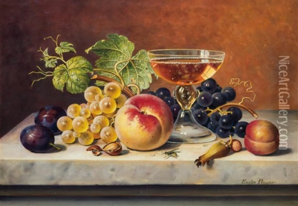 Still Life Of Fruit With Bee On A Tabletop Oil Painting - Emilie Preyer