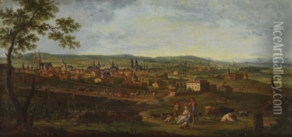 Stadtpanorama In Weitem Flusstal (lothringen?) Oil Painting - Jean Baptiste Charles Claudot