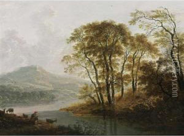 A Wooded River Landscape With A Shepherd And His Flock Resting Oil Painting - Cornelis Matthieu