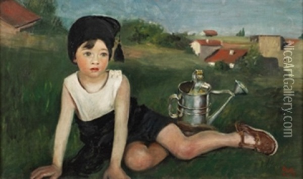 Retrato De Su Hijo Joaquin Con Una Regadera Oil Painting - Maria Roesset Mosquera