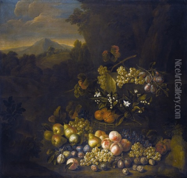Still Life Of Flowers And Fruit, In A Basket, A Landscape Beyond Oil Painting - George William Sartorius