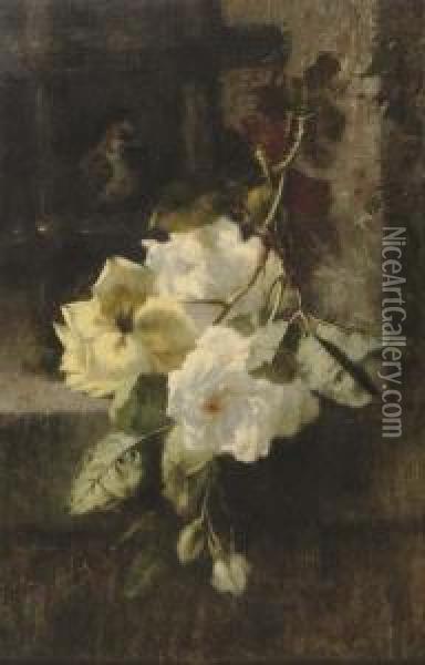 A Swag Of White And Yellow Roses Oil Painting - Ermocrate Bucchi