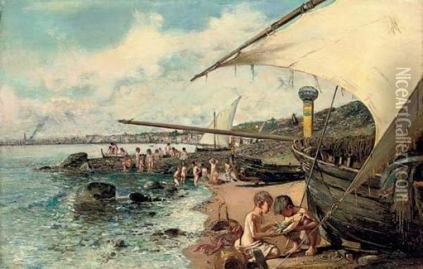 Muchachos En La Playa (young Boys On A Beach) Oil Painting - Jose Echena