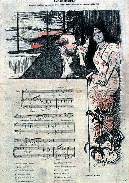 Illustrated score sheet for Galenterie, words by Paul Verlaine and music by Gaston Deletre Oil Painting - Theophile Alexandre Steinlen