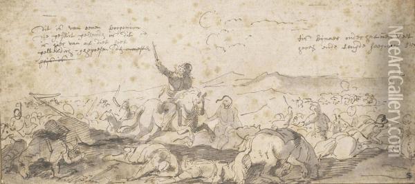 A Cavalry Skirmish On A Battlefield With Extensive Inscriptions Oil Painting - Jacques Courtois Le Bourguignon