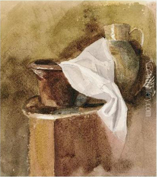 Still-life Of Earthenware Pots And Linen Oil Painting - Peter de Wint