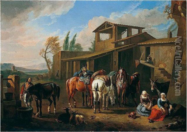 A Southern Landscape With Riders Watering Their Horses By A Farm Oil Painting - Pieter van Bloemen