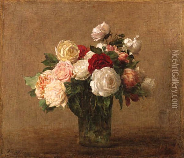 Roses in a Glass Vase Oil Painting - Ignace Henri Jean Fantin-Latour