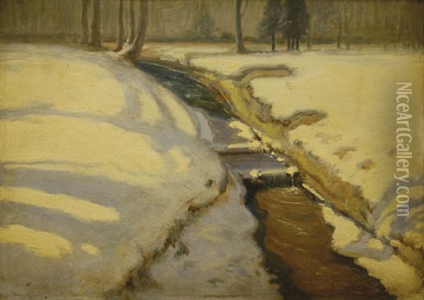 Zimowy Pejzaz Z Potokiem Oil Painting - Stefan Popowski
