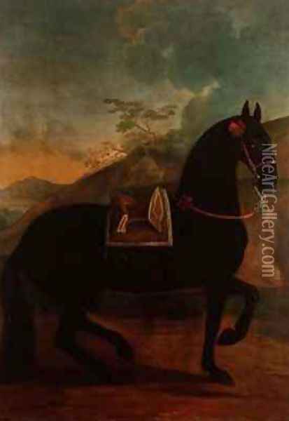 A Black Horse sporting a Spanish Saddle Oil Painting - Johann Georg Hamilton