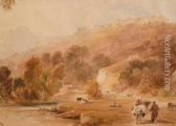 Figures And Cattle Below A Walled Town Oil Painting - David Roberts