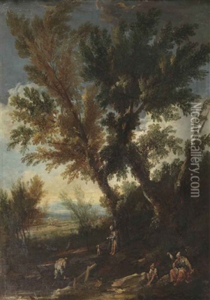 A Wooded Landscape With Travellers On A Track Oil Painting - Antonio Francesco Peruzzini