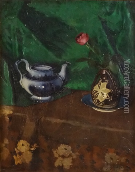 Still Life With Tea-pot And Vase With Red Flower Oil Painting - Petre Iorgulescu Yor