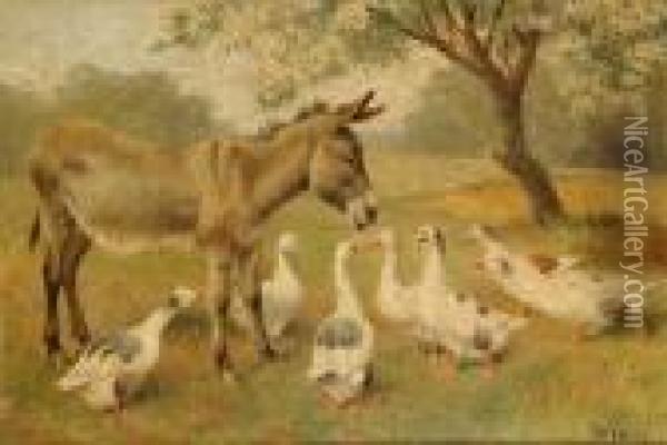 Geese And Donkeys On A Country Road; Geese And A Donkey Under A Tree Oil Painting - Herbert William Weekes