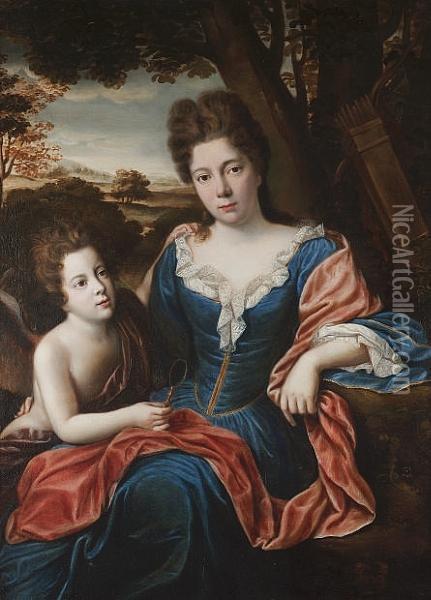 Portrait Of A Lady, Three-quarter-length, In A Blue Dress With A Red Sash, With Cupid In A Landscape Oil Painting - Claude Chapron
