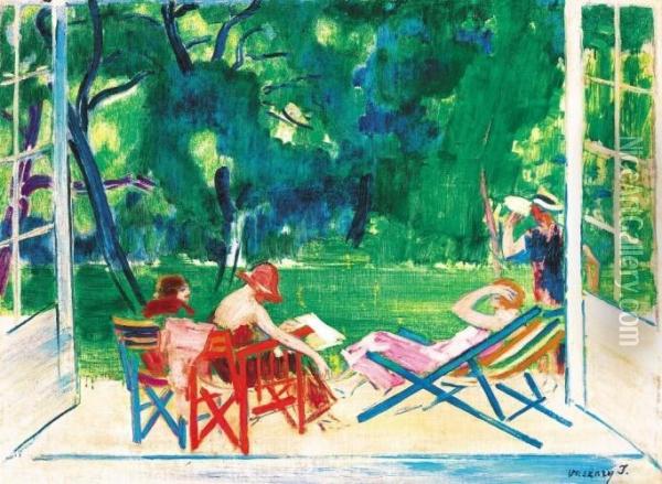 Women Sitting In The Garden (in The Park), Late 1920's Oil Painting - Janos Vaszary