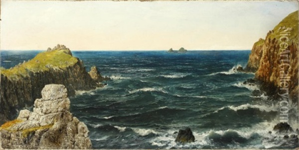 Low Water And Bad Weather, Kingsale Rock, Plymouth, Cornwall; Uncertain Weather At Pol Pre, Lands End. The Brisons In The Distance (2) (unframed) Oil Painting - Henry Edward Spernon Tozer