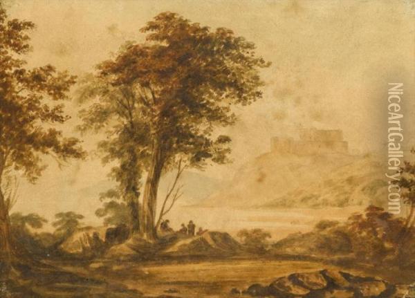 Landscape With Figures At The Edge Of A Lake Oil Painting - John Varley