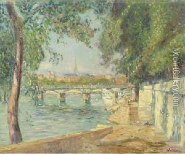 A View On The River Seine, Paris Oil Painting - Lucien Adrion