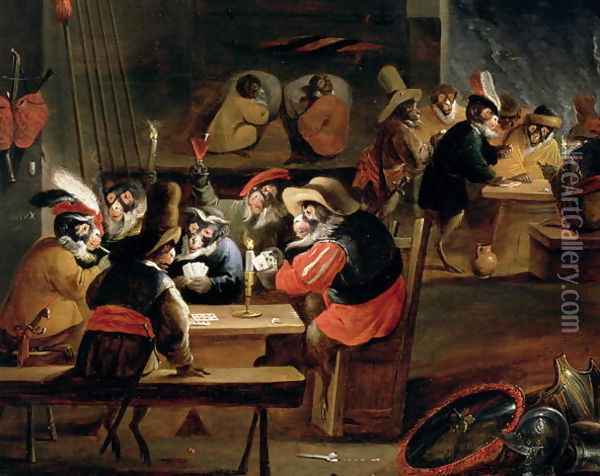 Monkeys in a Tavern detail of the card game Oil Painting - Ferdinand van Kessel