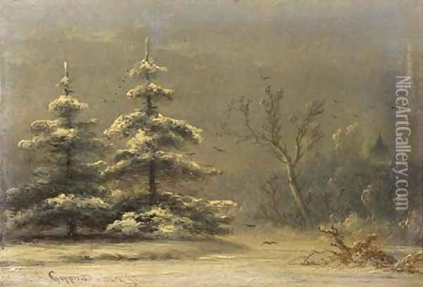 Snowcovered pine-trees in a winter landscape Oil Painting - Johannes Franciscus Hoppenbrouwers