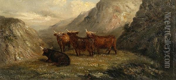 Highland Cattle Amidst The Glens Oil Painting - Thomas Smythe