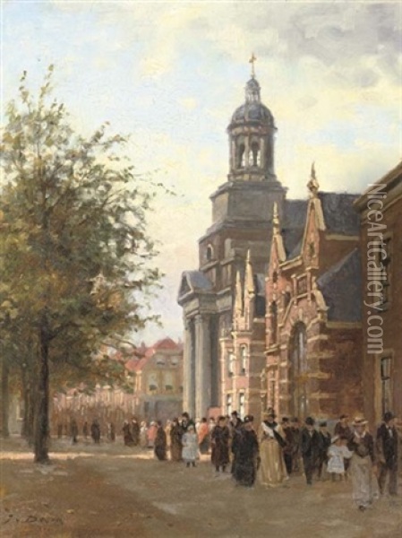 Numerous Cityfolk By The Hartebrugkerk, Leiden Oil Painting - Jan Van Dam