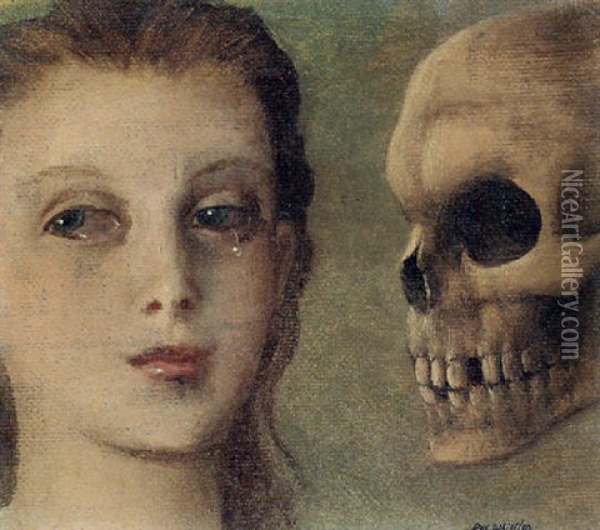 Girl's Head Beside A Skull Oil Painting - Rex John Whistler