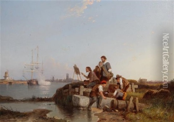 Joseph Vernet Sketching At Dordrecht Oil Painting - Pieter Cornelis Dommershuijzen