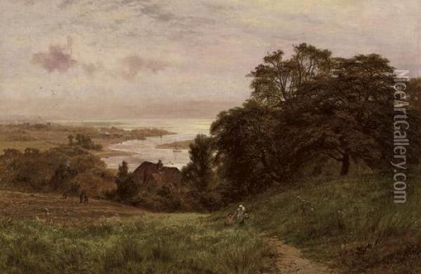 Children On A Hillside Overlooking An Estuary Oil Painting - Robert Gallon