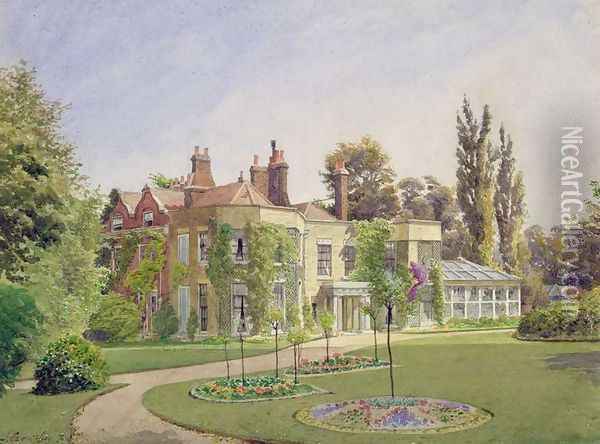 View of the front entrance and garden at Raleigh House, Brixton Hill, Lambeth, 1887 Oil Painting - John Crowther