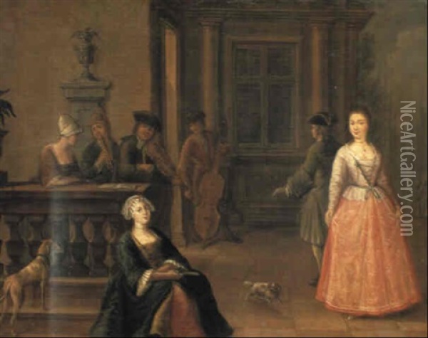 An Elegant Couple Dancing On A Terrace Oil Painting - Jan Josef Horemans the Younger