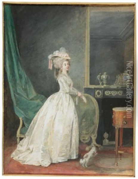 A Lady Standing In An Interior, Preparing To Go Out With Her Dog Oil Painting - Niklas Lafrensen the Younger