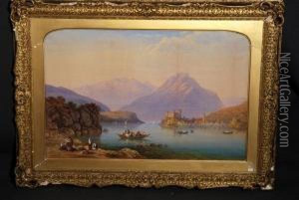 Scorcio Di Lago Laziale Con Paesecostiero E Gita Di Contadini Oil Painting - Charles Vacher