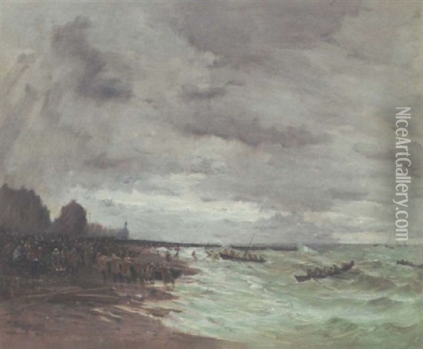 Beaching The Boats At Grandcamps, Normandy Oil Painting - Frank Myers Boggs