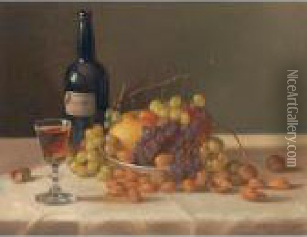 Still Life: Fruit And Wine Glass Oil Painting - John Defett Francis