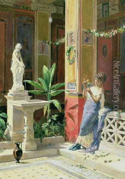 In a Courtyard in Pompeii 1878 Oil Painting - Luigi Bazzani