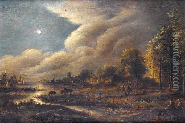 Herdsmen Grazing Their Cattle Before A Riverlandscape By Moonlight Oil Painting - Aert van der Neer