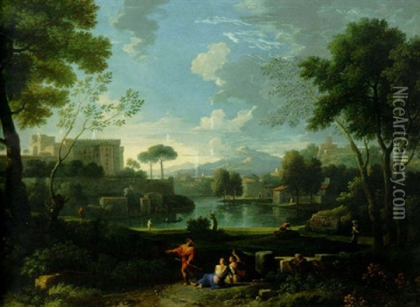 An Italianate Landscape With A Lakeside Town And A Fortified Palace On A Hill, Figures Resting On A Path In The Foreground Oil Painting - Jan Frans van Bloemen