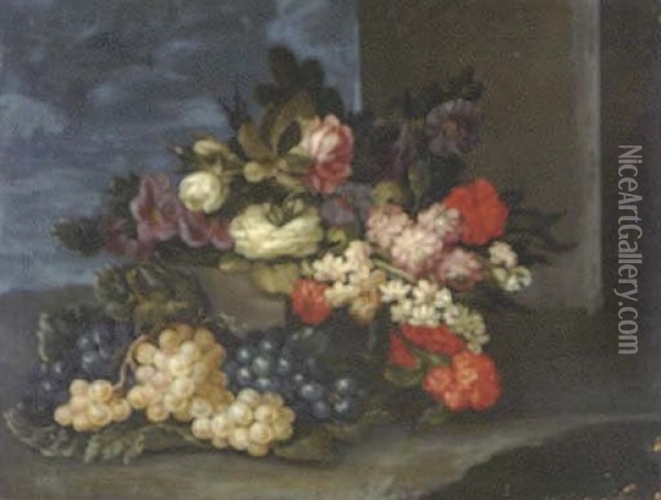Roses And Other Flowers On A Step With Grapes On The Ground Nearby Oil Painting - Andrea Belvedere