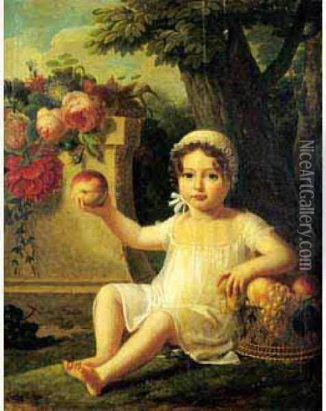 Portrait D'enfant A La Corbeille De Fruits Dans Un Paysage. Oil Painting - Lucille Foullon